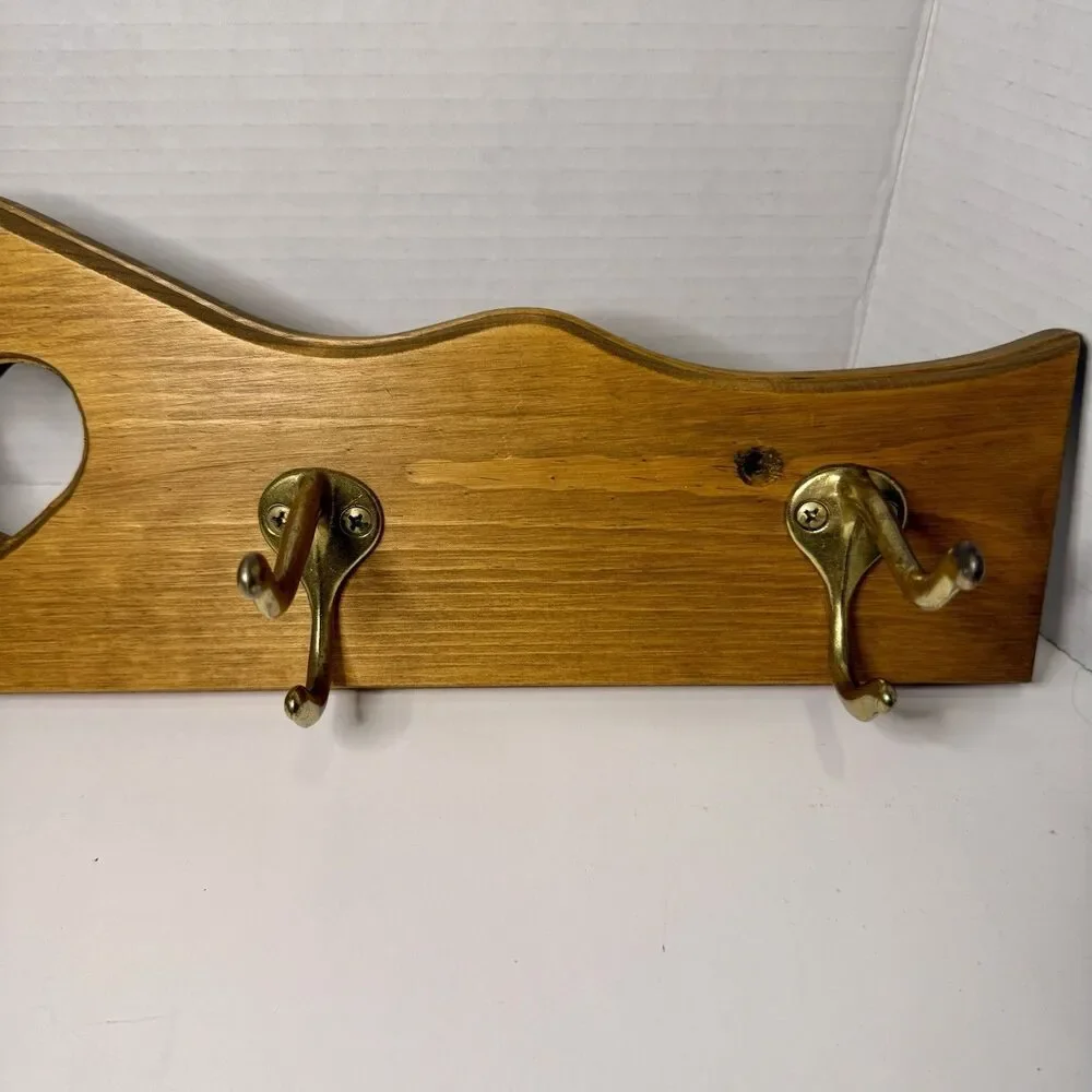 Vintage 22” Wood Heart Cutout Wall Coat Rack 4 Brass Hooks Cottagecore Farmhouse